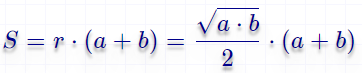 Площадь равнобедренной трапеции через два ее основания и радиус вписанной окружности